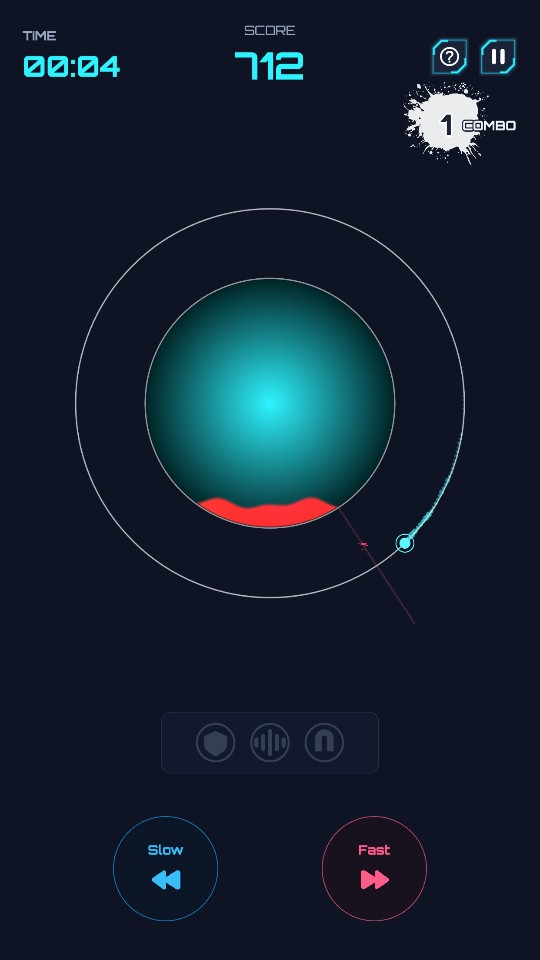 Ảnh gameplay Orbita với vòng quỹ đạo phát sáng, điểm số và hai nút Slow, Fast để điều chỉnh tốc độ.