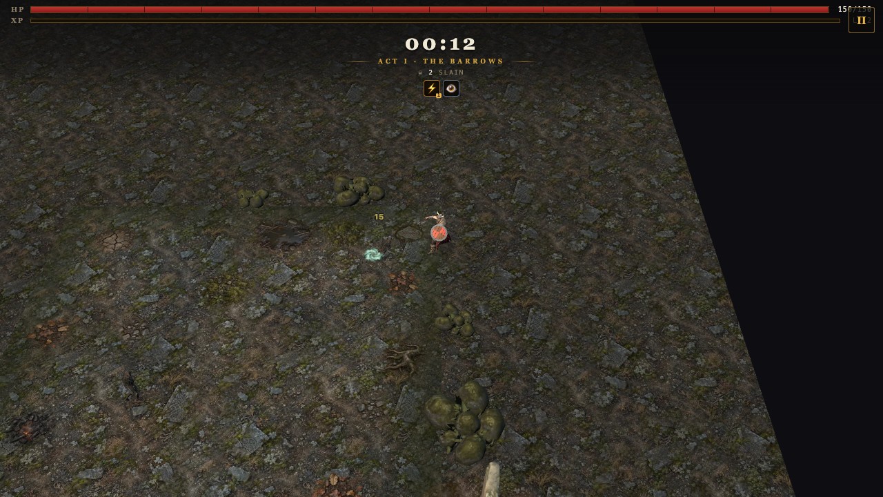 Ảnh gameplay Runeborn 3D: chiến binh Viking trên chiến trường đá với thanh máu, kinh nghiệm và thời gian sinh tồn.
